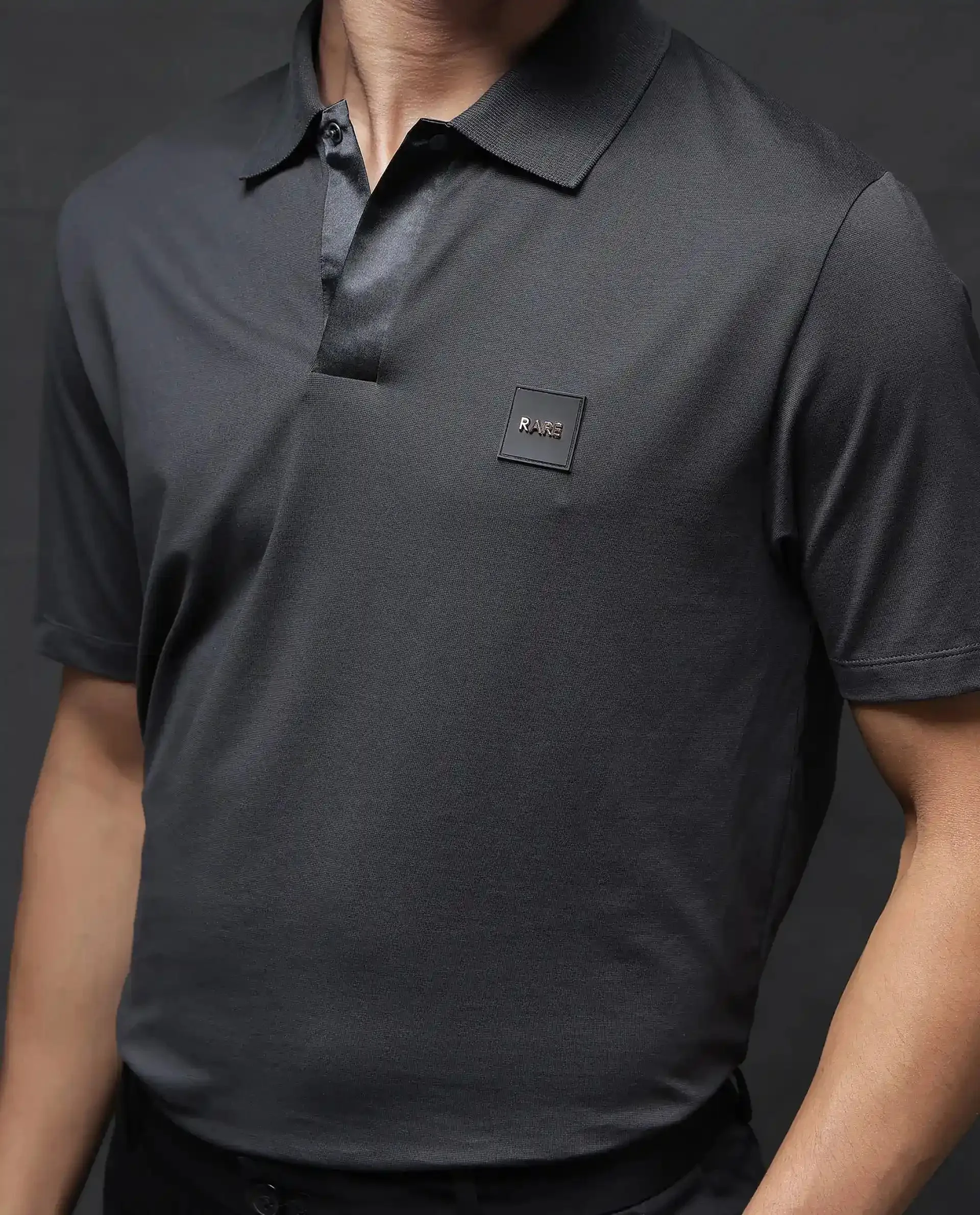 Rare Rabbit Men Centor Dark Grey Short Sleeve Regular Collar Snap Button Closure Plain Polo