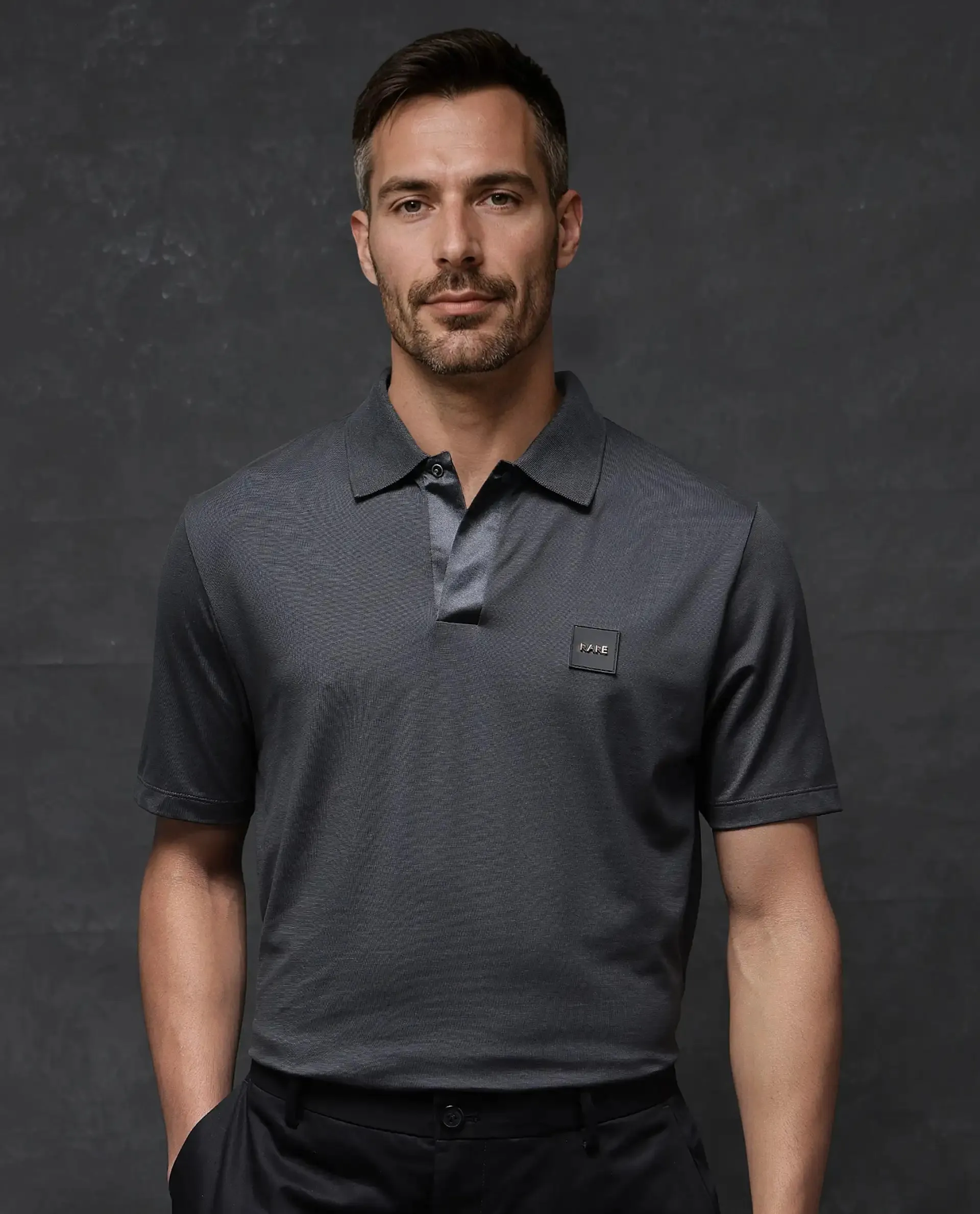 Rare Rabbit Men Centor Dark Grey Short Sleeve Regular Collar Snap Button Closure Plain Polo