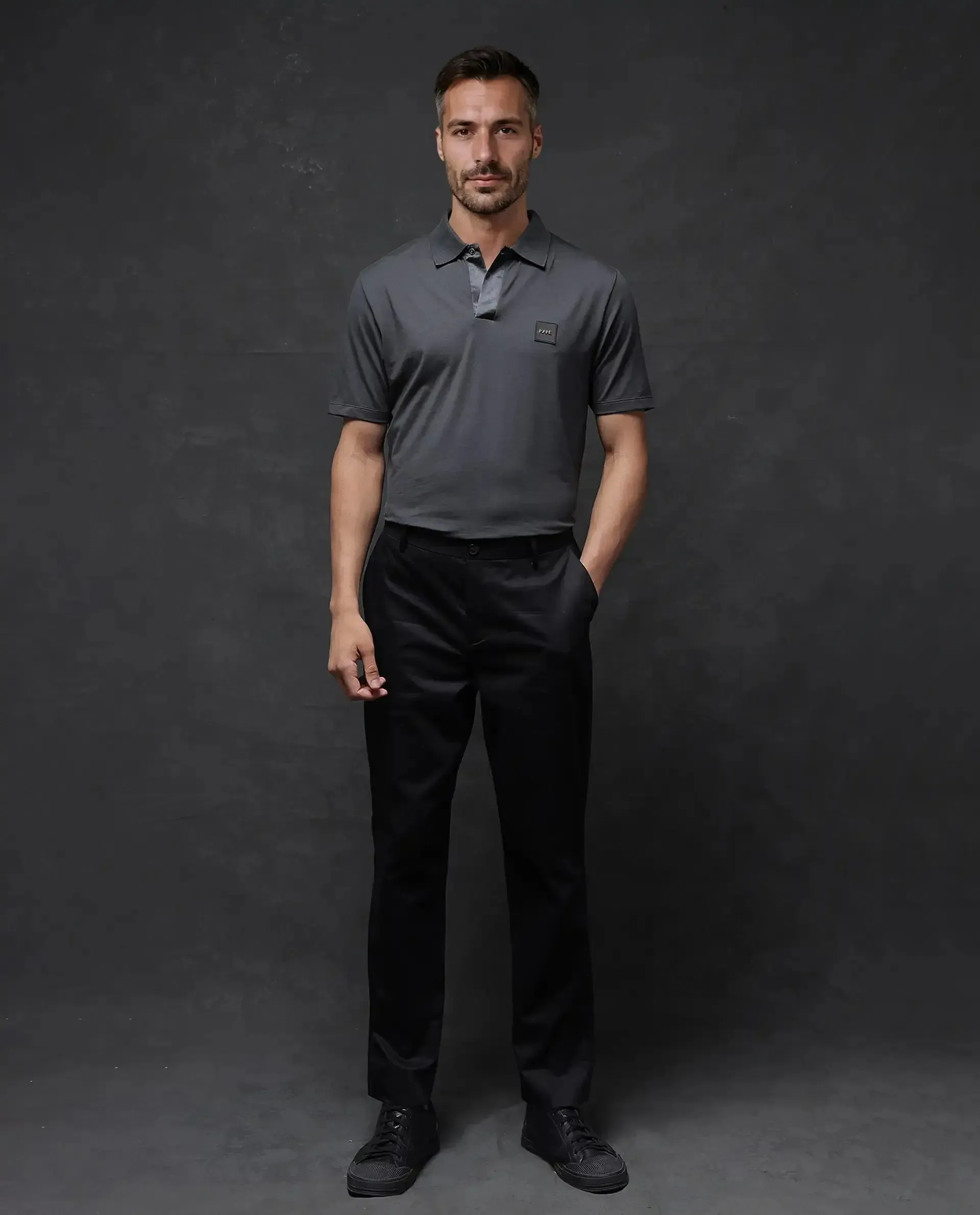 Rare Rabbit Men Centor Dark Grey Short Sleeve Regular Collar Snap Button Closure Plain Polo