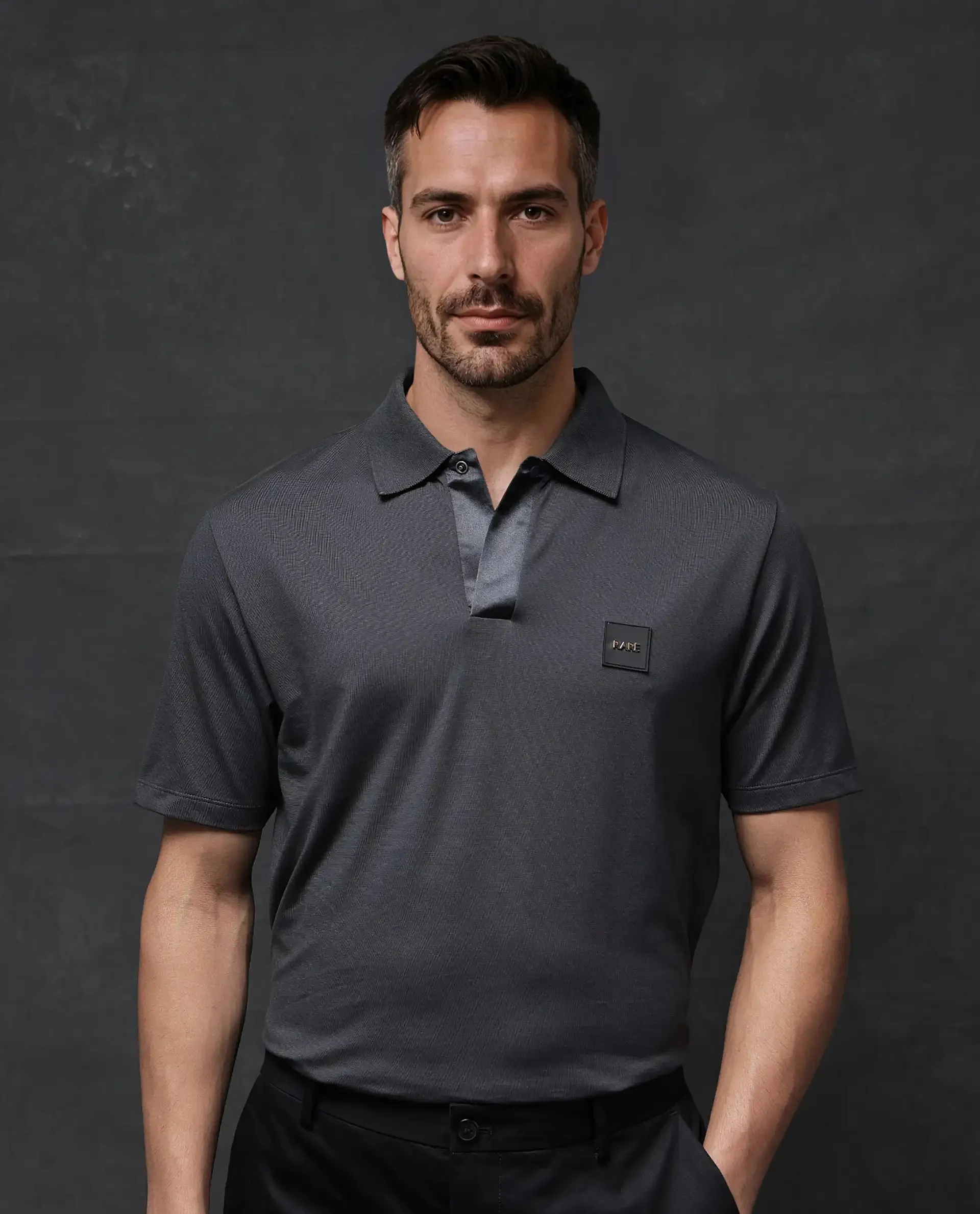 Rare Rabbit Men Centor Dark Grey Short Sleeve Regular Collar Snap Button Closure Plain Polo