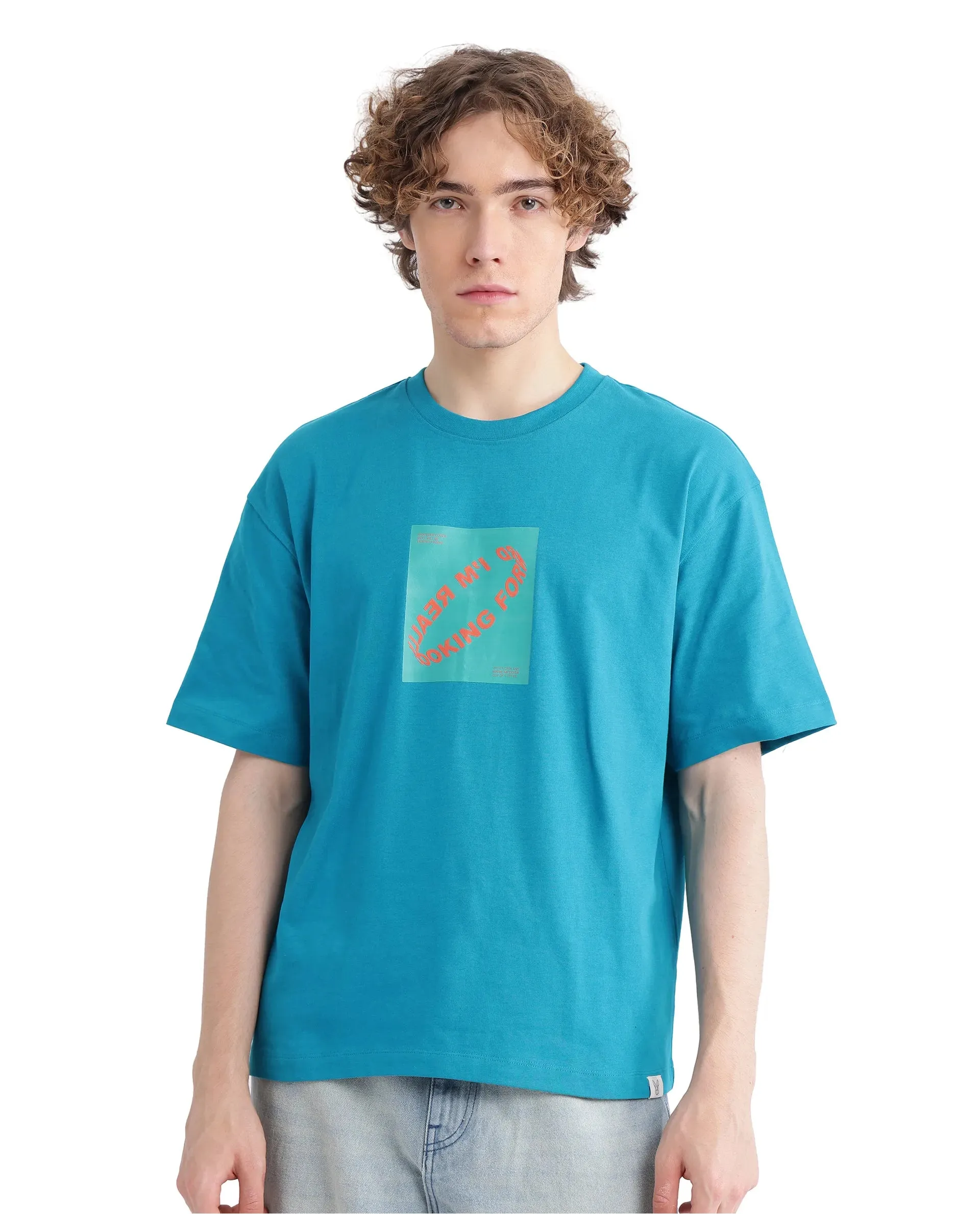 Rare Rabbit Men Just Teal Cotton Fabric Short Sleeve Crew Neck Graphic Print T-Shirt
