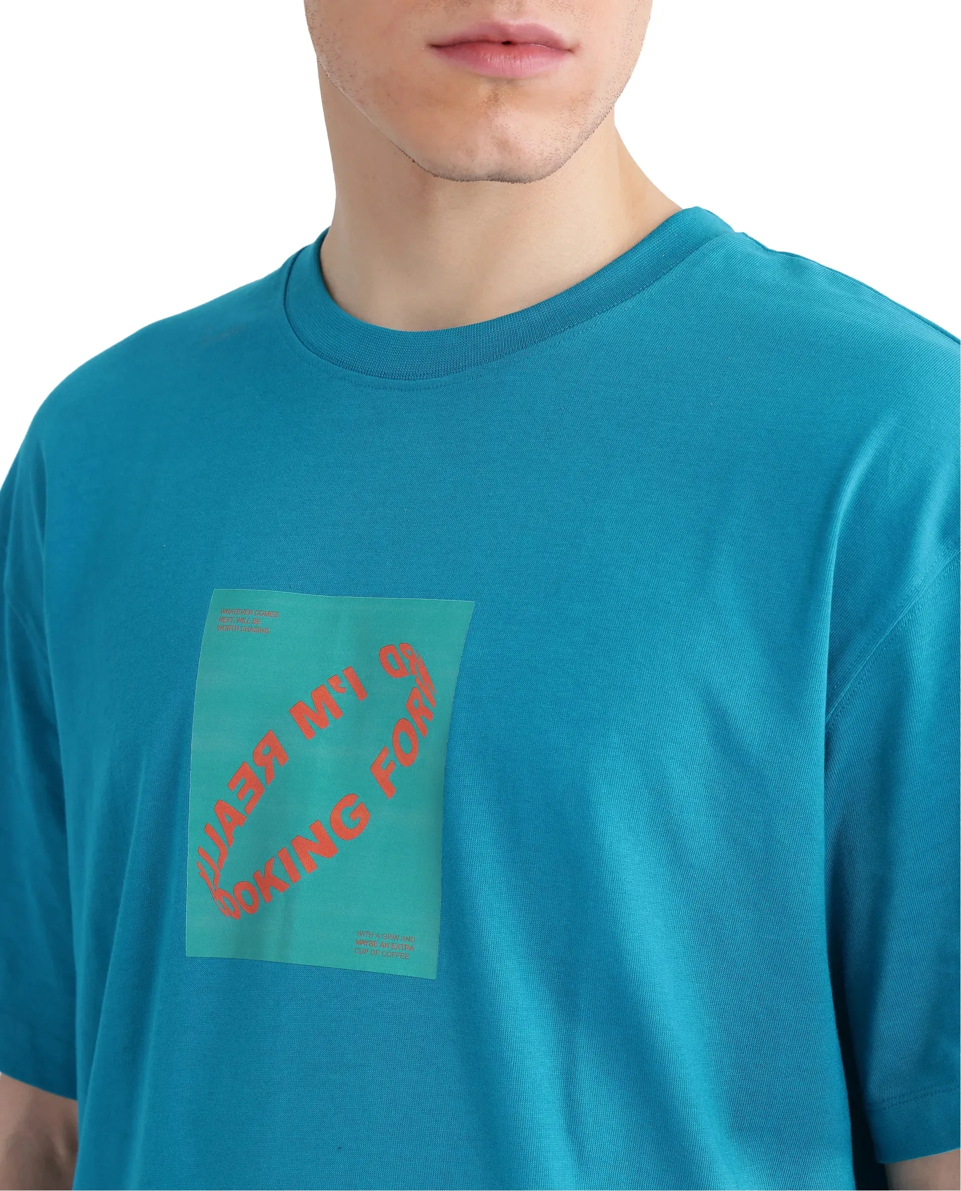 Rare Rabbit Men Just Teal Cotton Fabric Short Sleeve Crew Neck Graphic Print T-Shirt