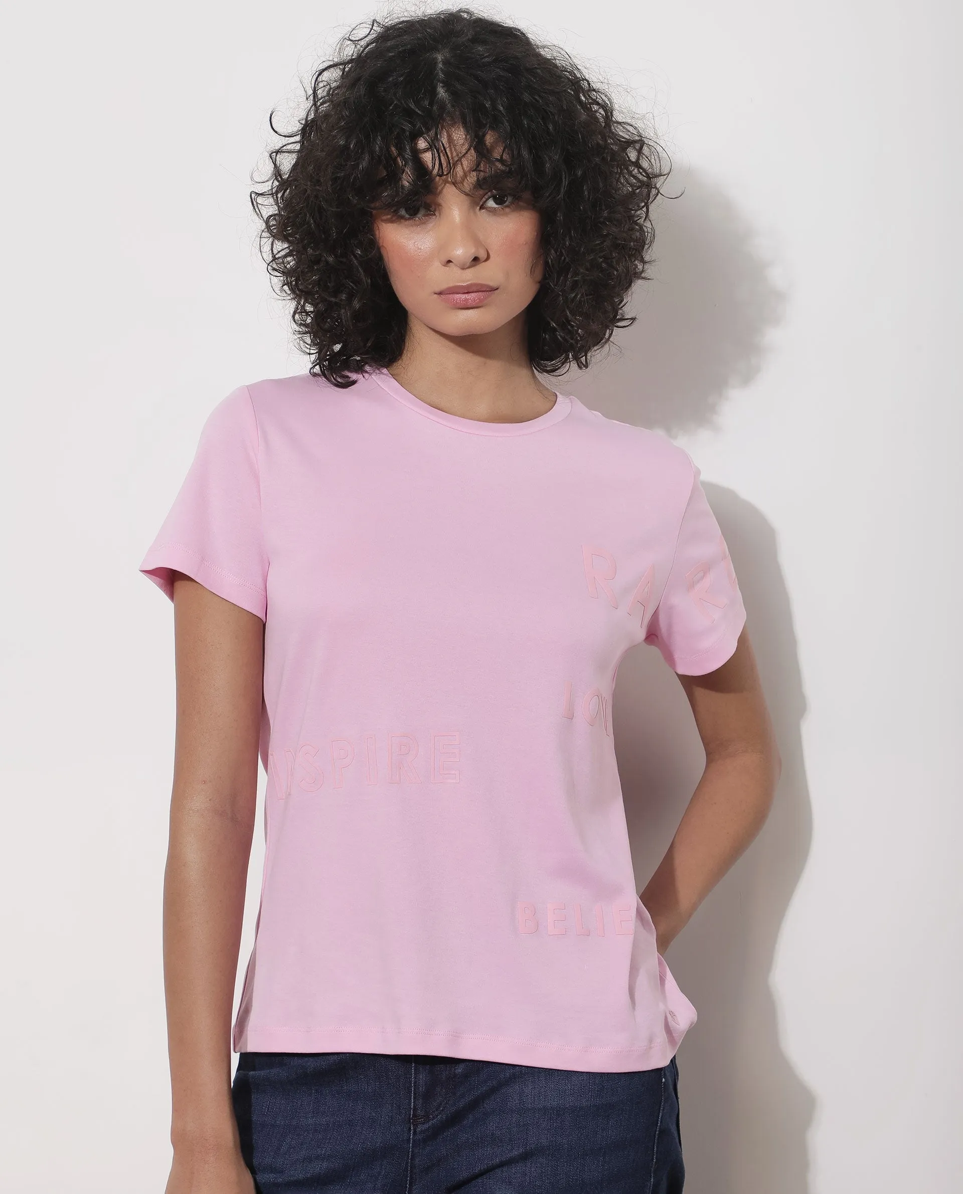 Rareism Women Oratio Pastel Purple Cotton Fabric Short Sleeves Crew Neck Regular Fit Flock Print T-Shirt