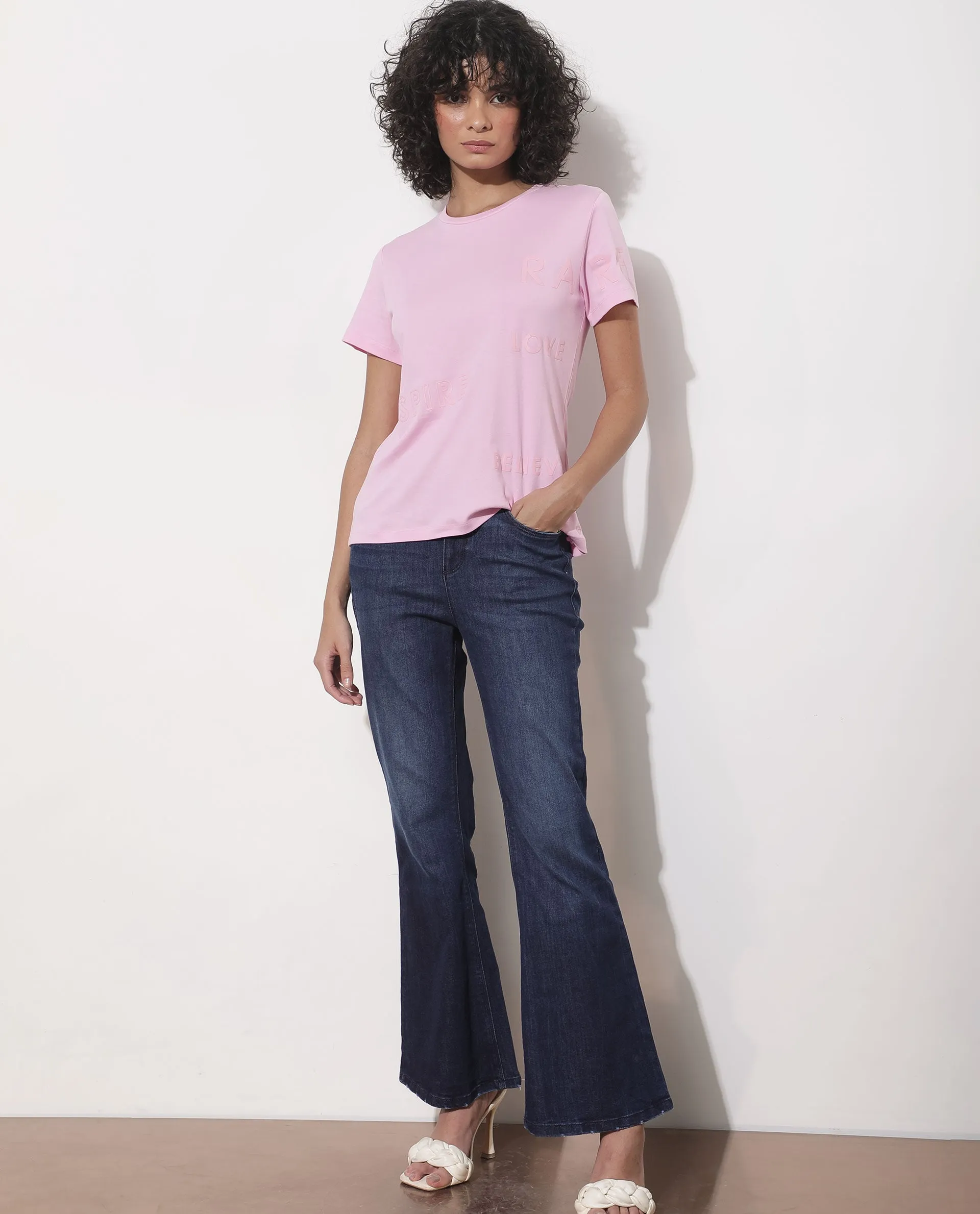 Rareism Women Oratio Pastel Purple Cotton Fabric Short Sleeves Crew Neck Regular Fit Flock Print T-Shirt