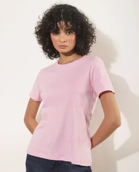Rareism Women Oratio Pastel Purple Cotton Fabric Short Sleeves Crew Neck Regular Fit Flock Print T-Shirt