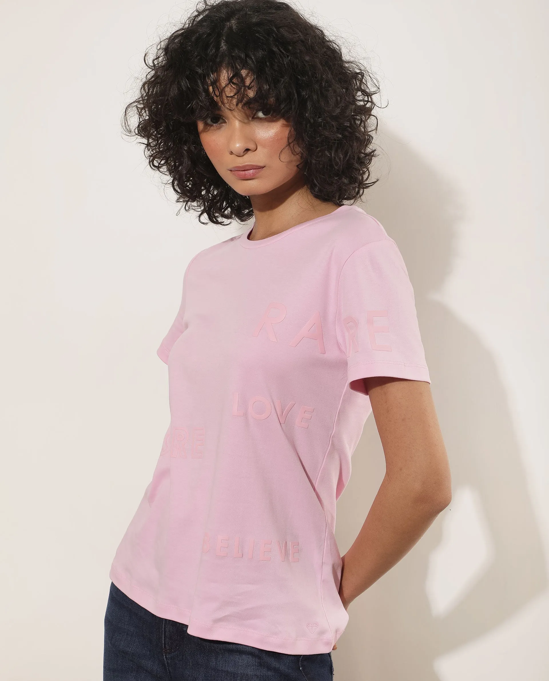 Rareism Women Oratio Pastel Purple Cotton Fabric Short Sleeves Crew Neck Regular Fit Flock Print T-Shirt