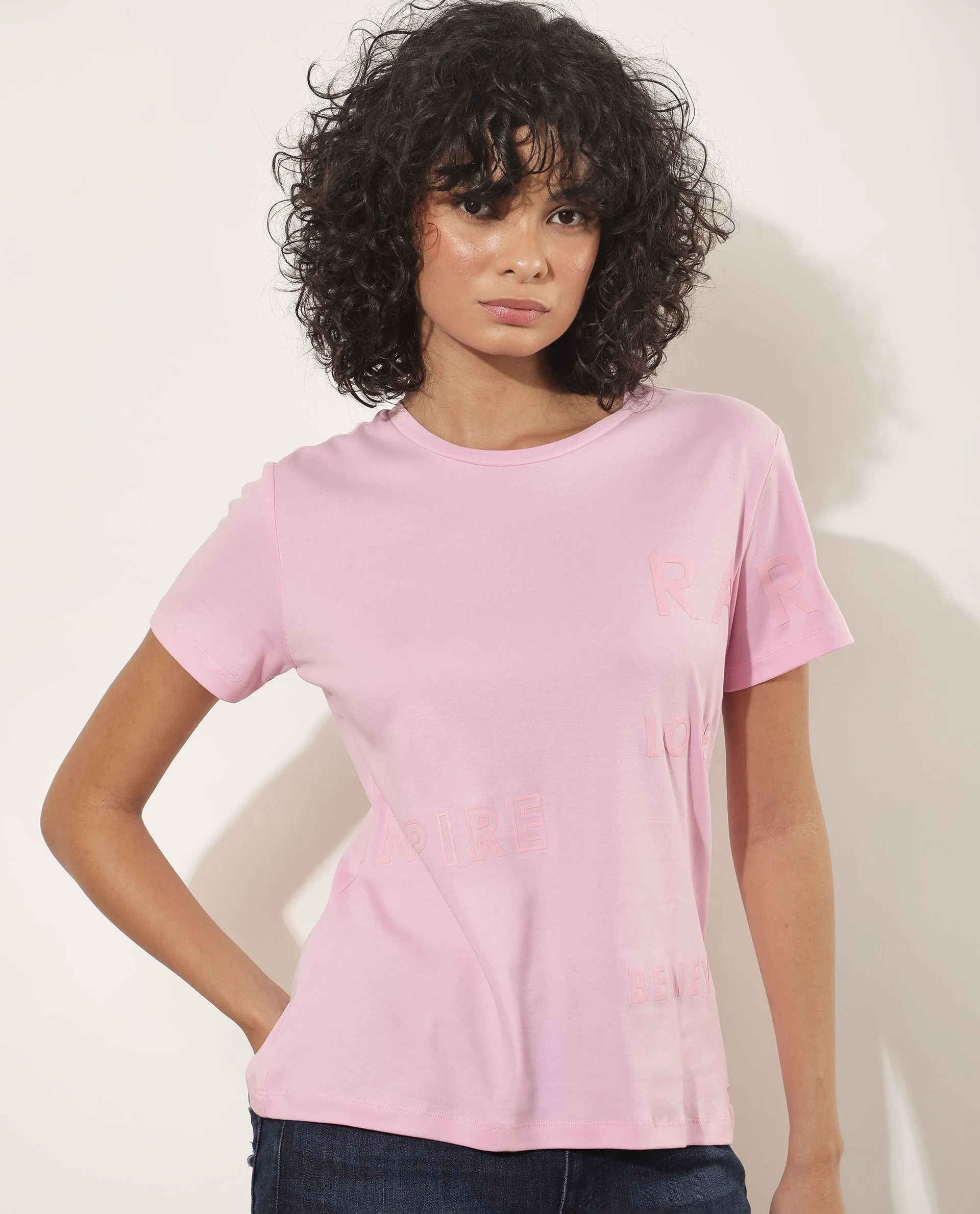 Rareism Women Oratio Pastel Purple Cotton Fabric Short Sleeves Crew Neck Regular Fit Flock Print T-Shirt