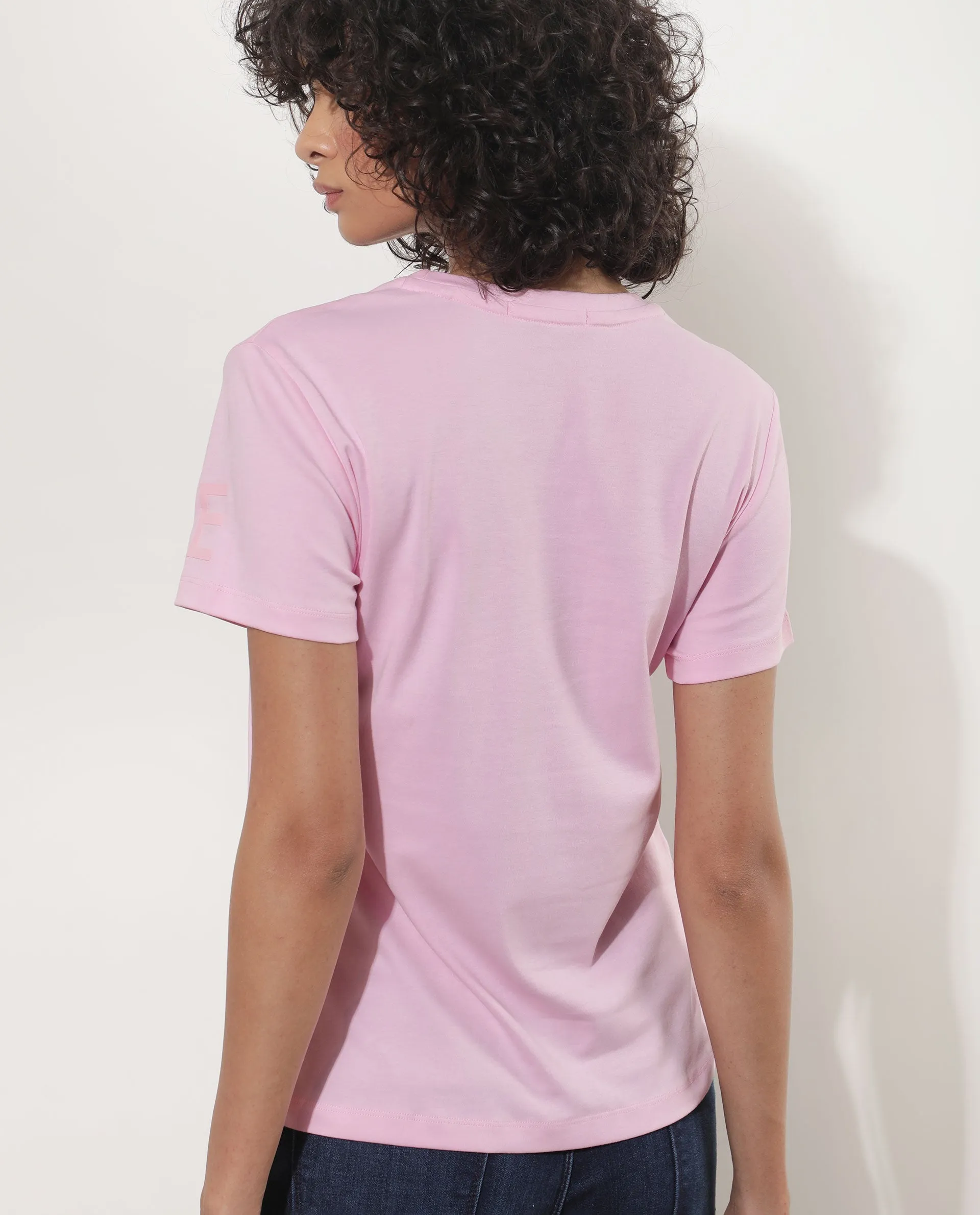 Rareism Women Oratio Pastel Purple Cotton Fabric Short Sleeves Crew Neck Regular Fit Flock Print T-Shirt