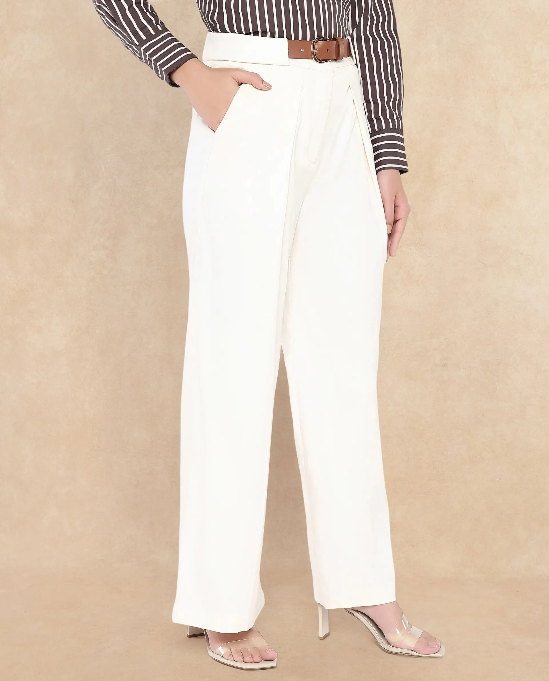 Rareism Women Sandi Beige Viscose Polyester Fabric Hook Closure Wide Fit Ankle Length Plain Trouser