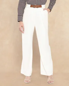 Rareism Women Sandi Beige Viscose Polyester Fabric Hook Closure Wide Fit Ankle Length Plain Trouser