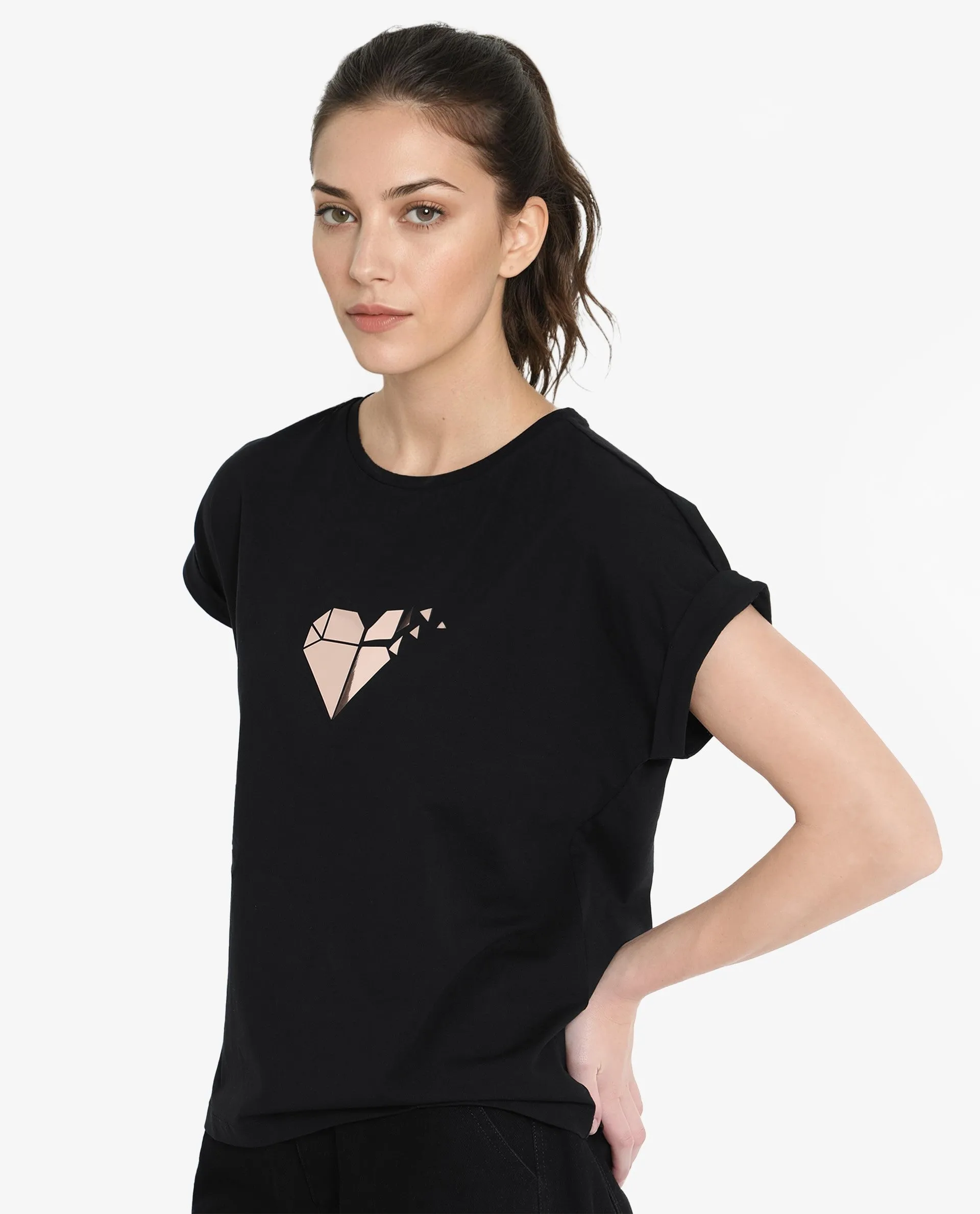 Rareism Womens Brahe Black T-Shirt Short Sleeve Crew Neck Solid