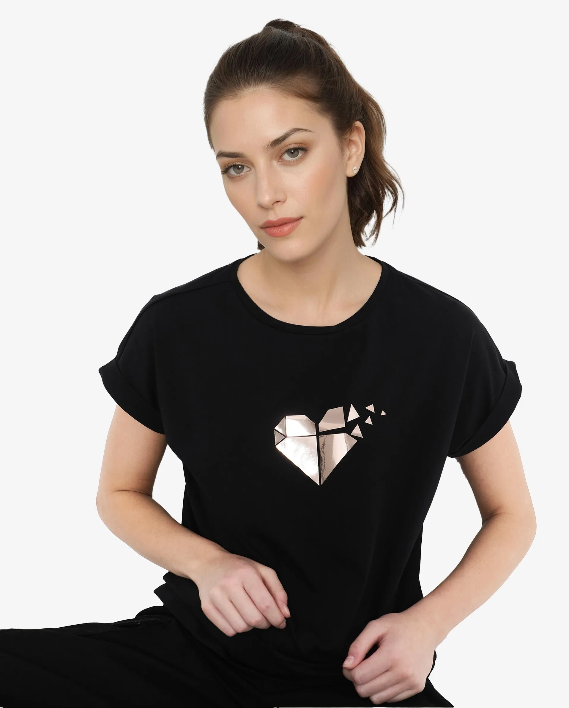 Rareism Womens Brahe Black T-Shirt Short Sleeve Crew Neck Solid