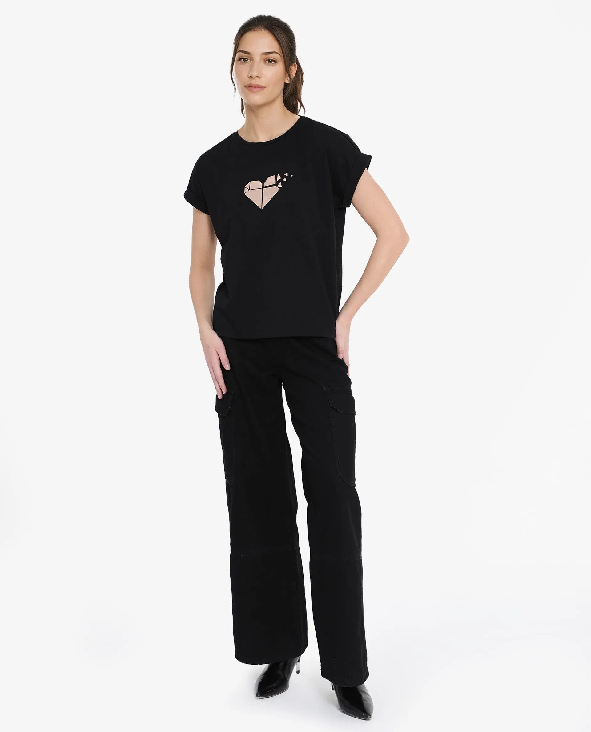 Rareism Womens Brahe Black T-Shirt Short Sleeve Crew Neck Solid