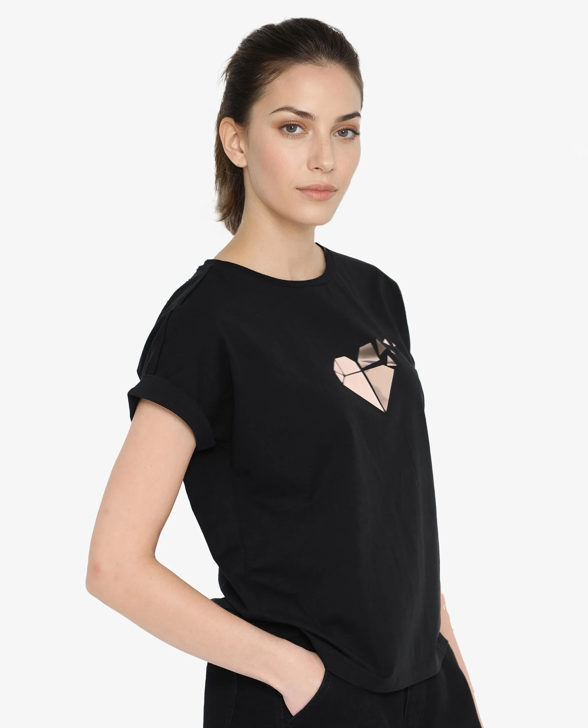 Rareism Womens Brahe Black T-Shirt Short Sleeve Crew Neck Solid