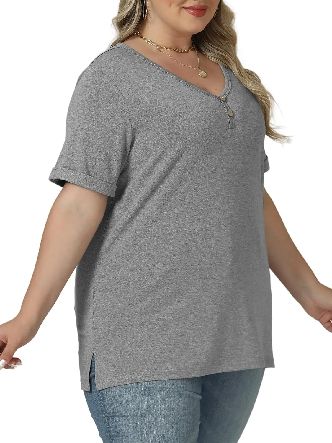 ROSRISS Plus Size Tops for Women Casual V-Neck Side Split Blouses Loose Fit Short Sleeve Tees Summer Cozy Buttons Shirts