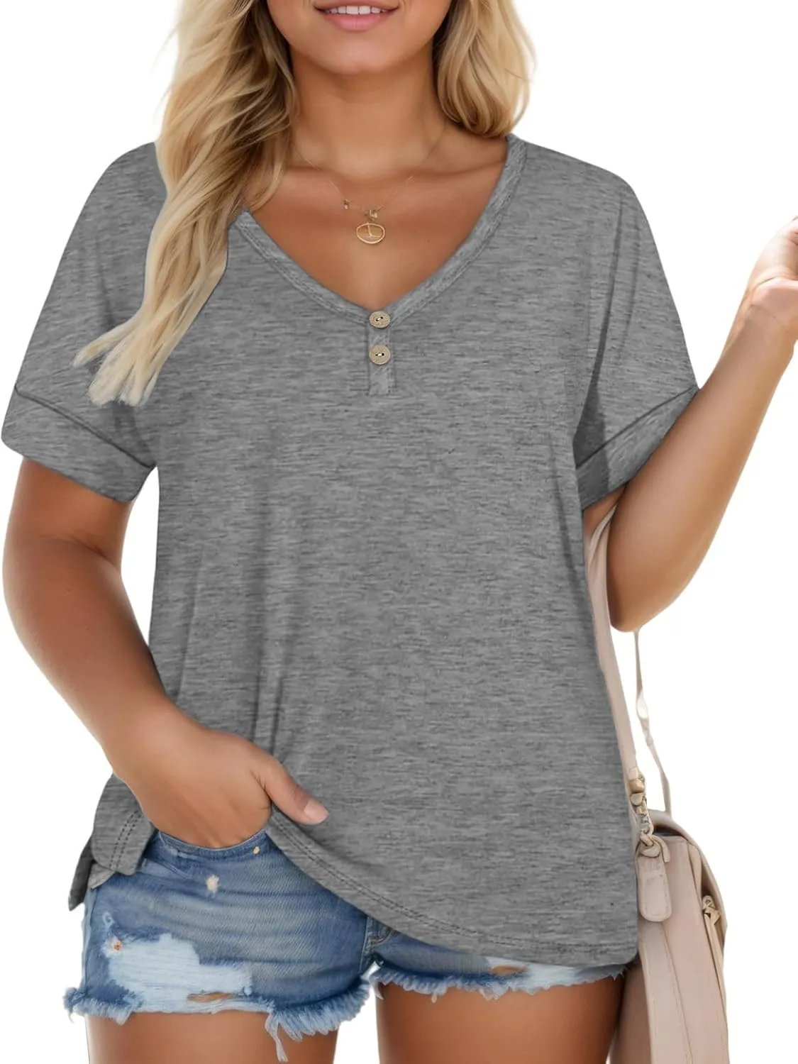 ROSRISS Plus Size Tops for Women Casual V-Neck Side Split Blouses Loose Fit Short Sleeve Tees Summer Cozy Buttons Shirts