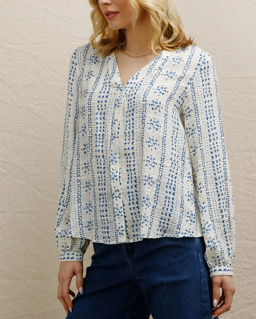 Serenity Long Sleeve Cotton Print Blouse Button Up Version