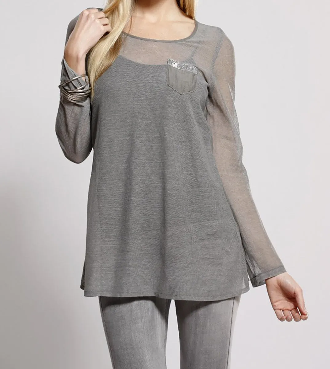 Sheer Silk Blouse with Rhinestone Pocket Detail