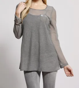 Sheer Silk Blouse with Rhinestone Pocket Detail
