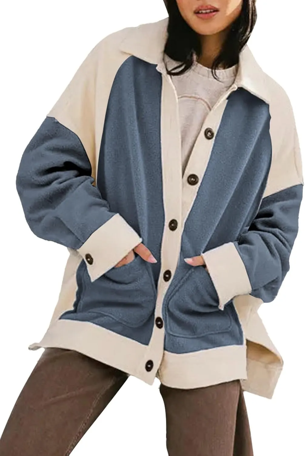 SHEWIN Womens Winter Fuzzy Fleece Jacket Casual Long Sleeve Button Down Sherpa Shacket Coats