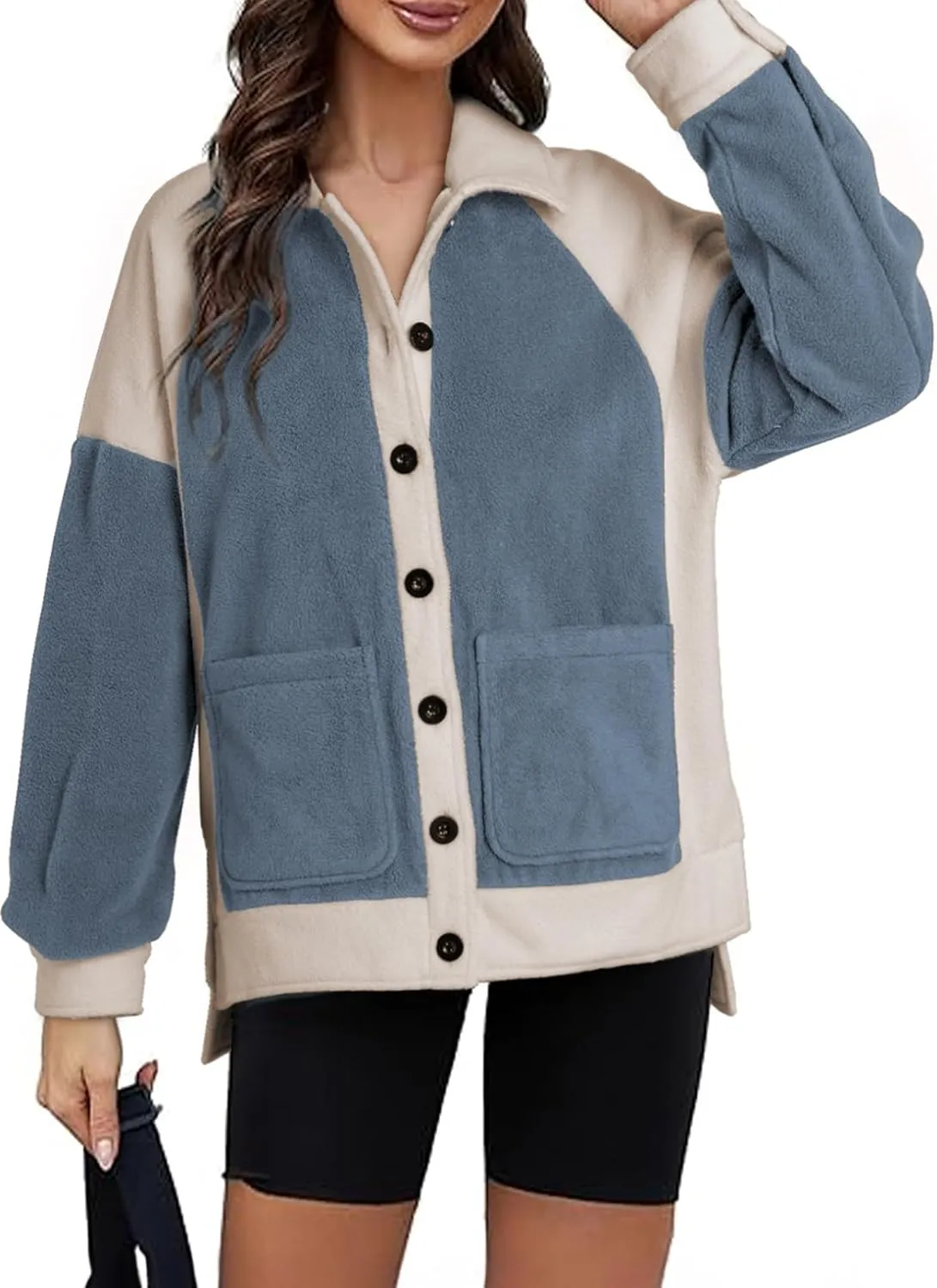 SHEWIN Womens Winter Fuzzy Fleece Jacket Casual Long Sleeve Button Down Sherpa Shacket Coats