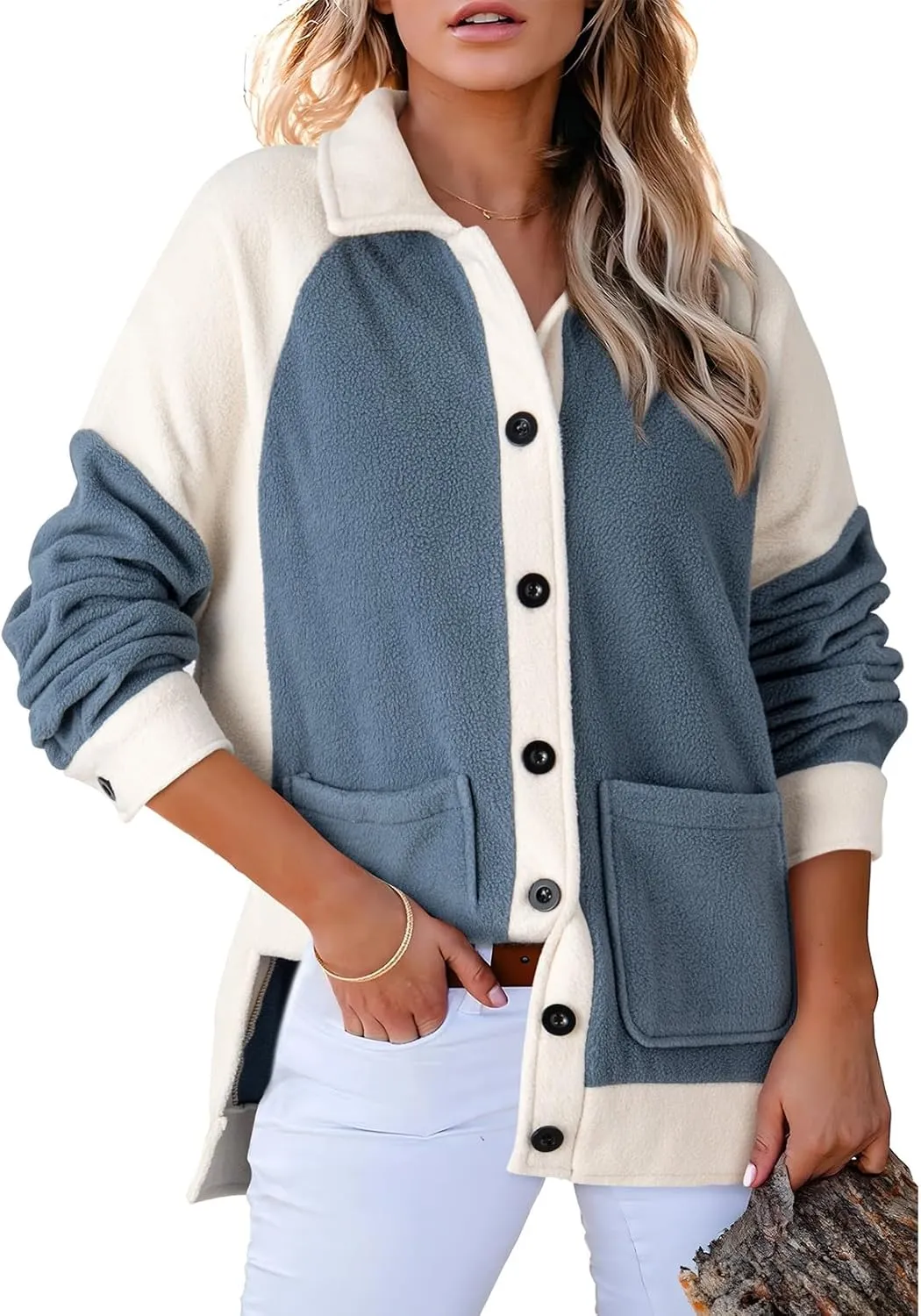 SHEWIN Womens Winter Fuzzy Fleece Jacket Casual Long Sleeve Button Down Sherpa Shacket Coats