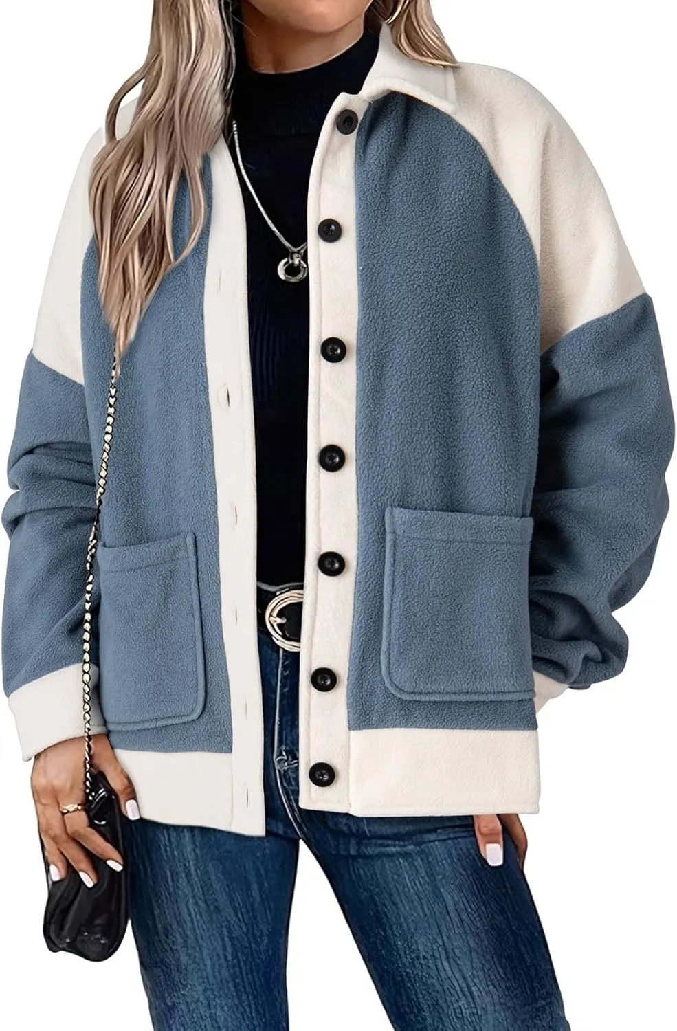 SHEWIN Womens Winter Fuzzy Fleece Jacket Casual Long Sleeve Button Down Sherpa Shacket Coats