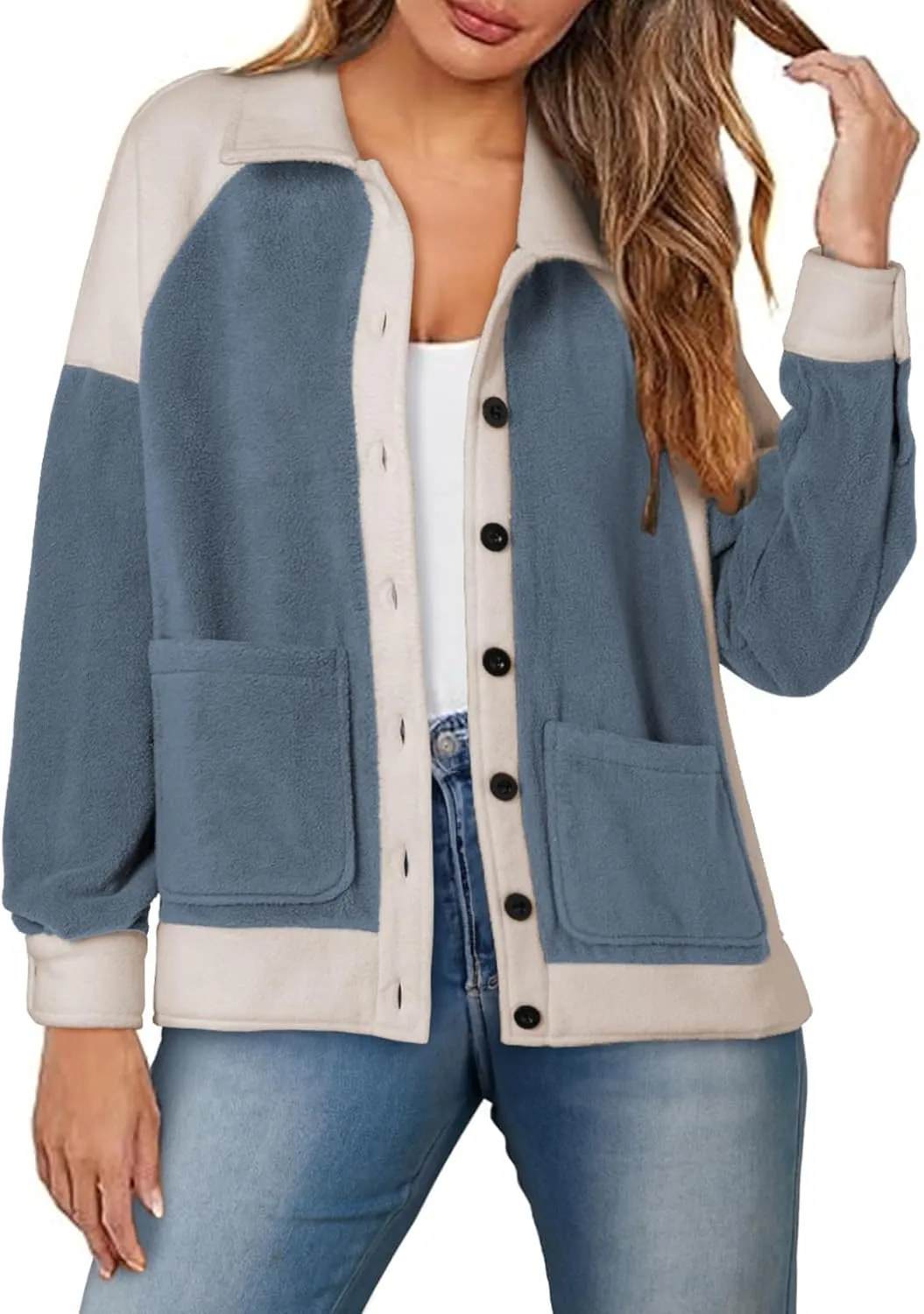 SHEWIN Womens Winter Fuzzy Fleece Jacket Casual Long Sleeve Button Down Sherpa Shacket Coats