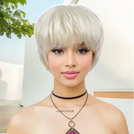 Short Wigs for Women Syntheitc Platinum Blonde Straight Hair Pixie Cuts Haircut Natural Wigs with Bangs Casual Style Mommy Wig