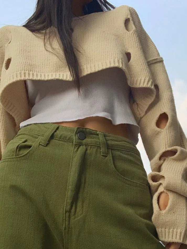 Solid Color Cutout Crop Long Sleeve Knit