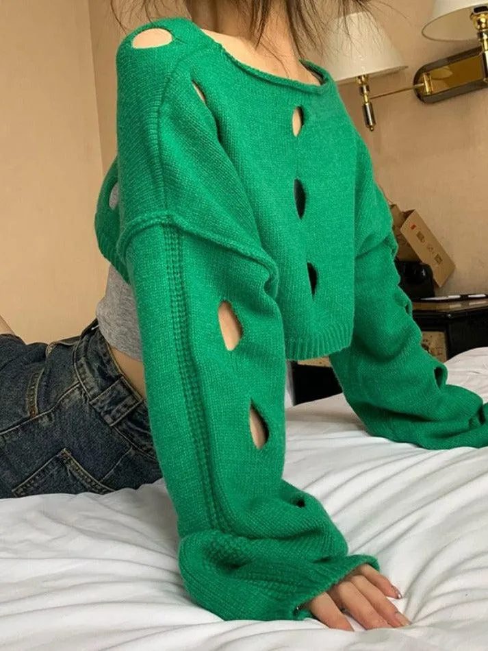 Solid Color Cutout Crop Long Sleeve Knit
