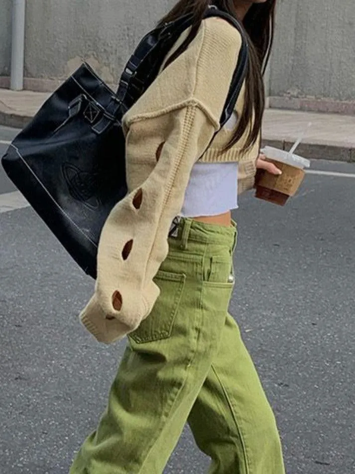 Solid Color Cutout Crop Long Sleeve Knit