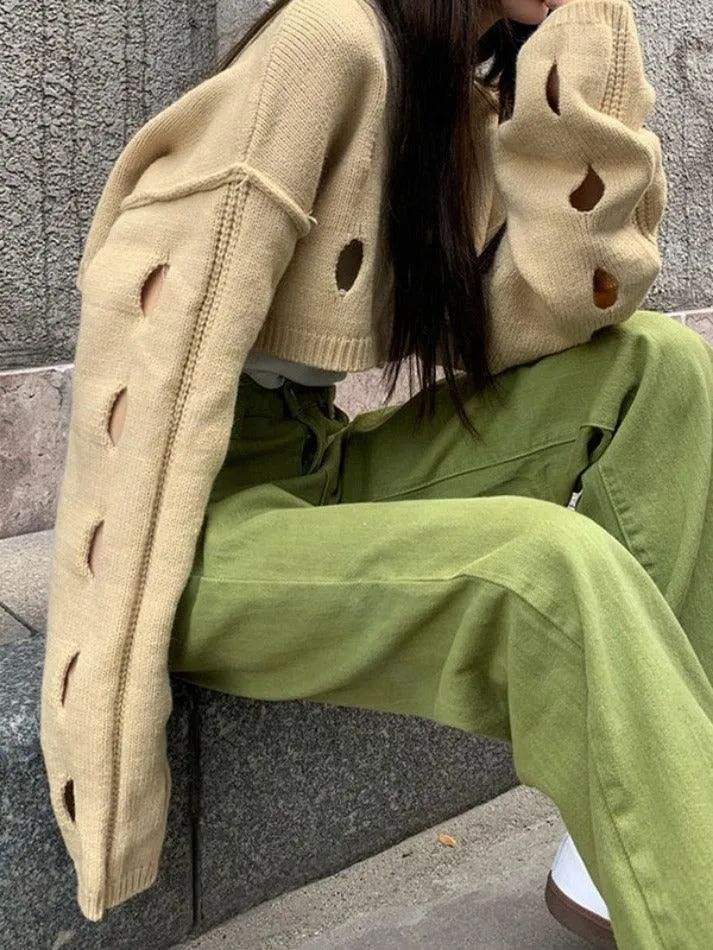 Solid Color Cutout Crop Long Sleeve Knit