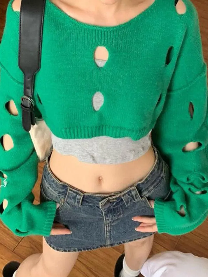 Solid Color Cutout Crop Long Sleeve Knit