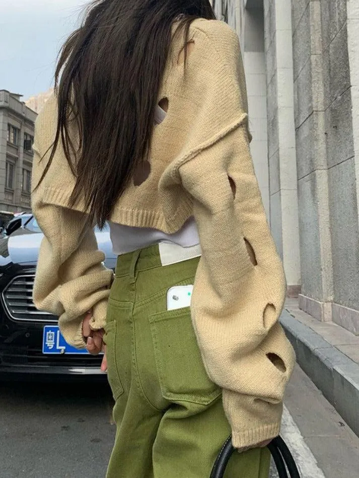 Solid Color Cutout Crop Long Sleeve Knit