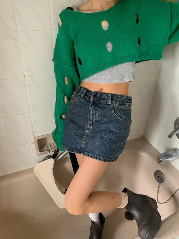 Solid Color Cutout Crop Long Sleeve Knit