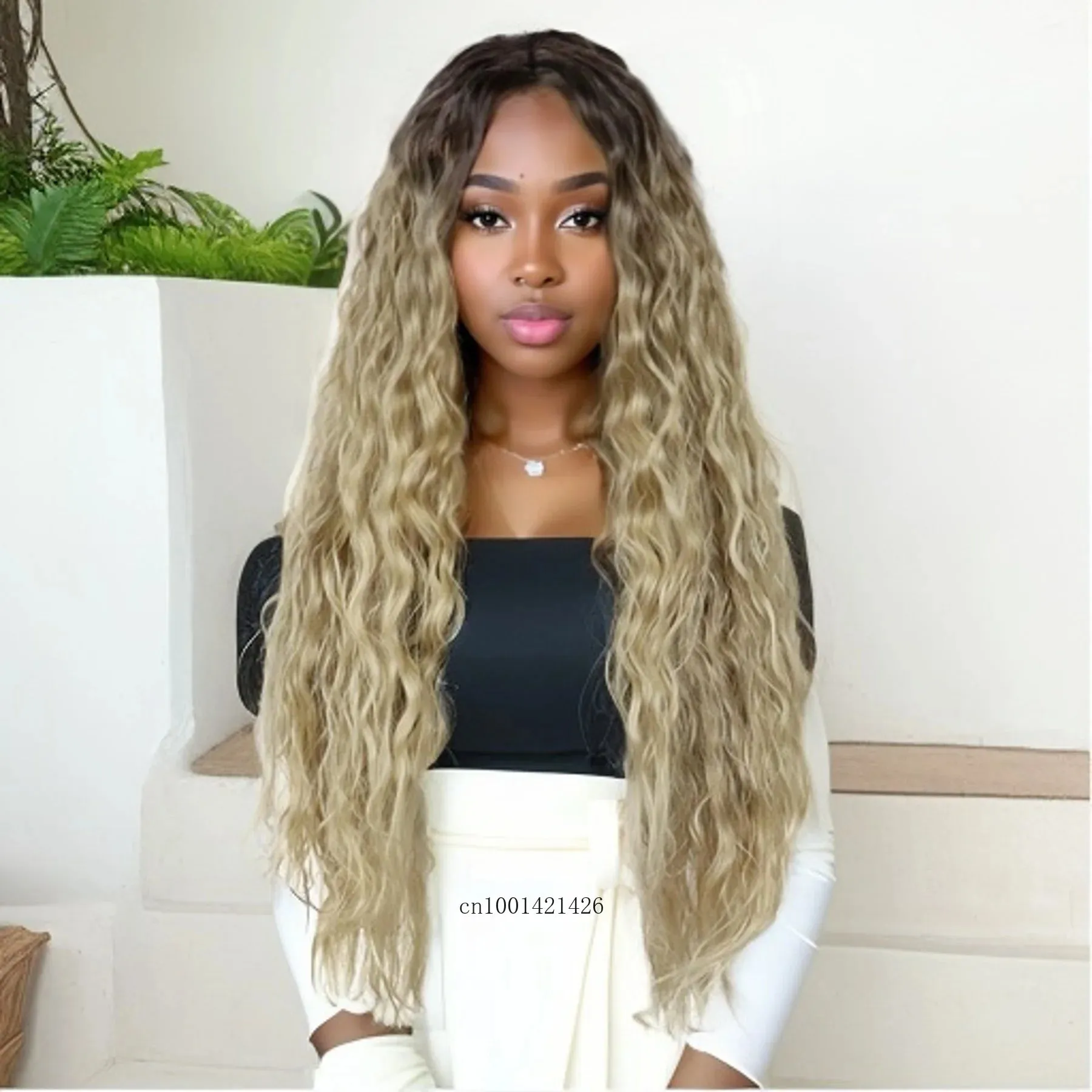 Synthetic Hair Long Curly Wavy Wigs for Black Women Gradient Blonde Color Ombre Wigs Cosplay Carnival Party Hair Replacement Wig