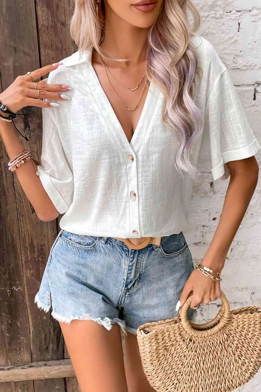 TEEK - White Button Front Johnny Collared Blouse