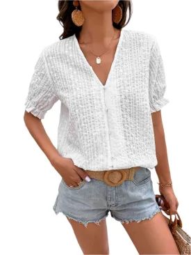 TEEK - White Buttoned V-Neck Flounce Sleeve Top