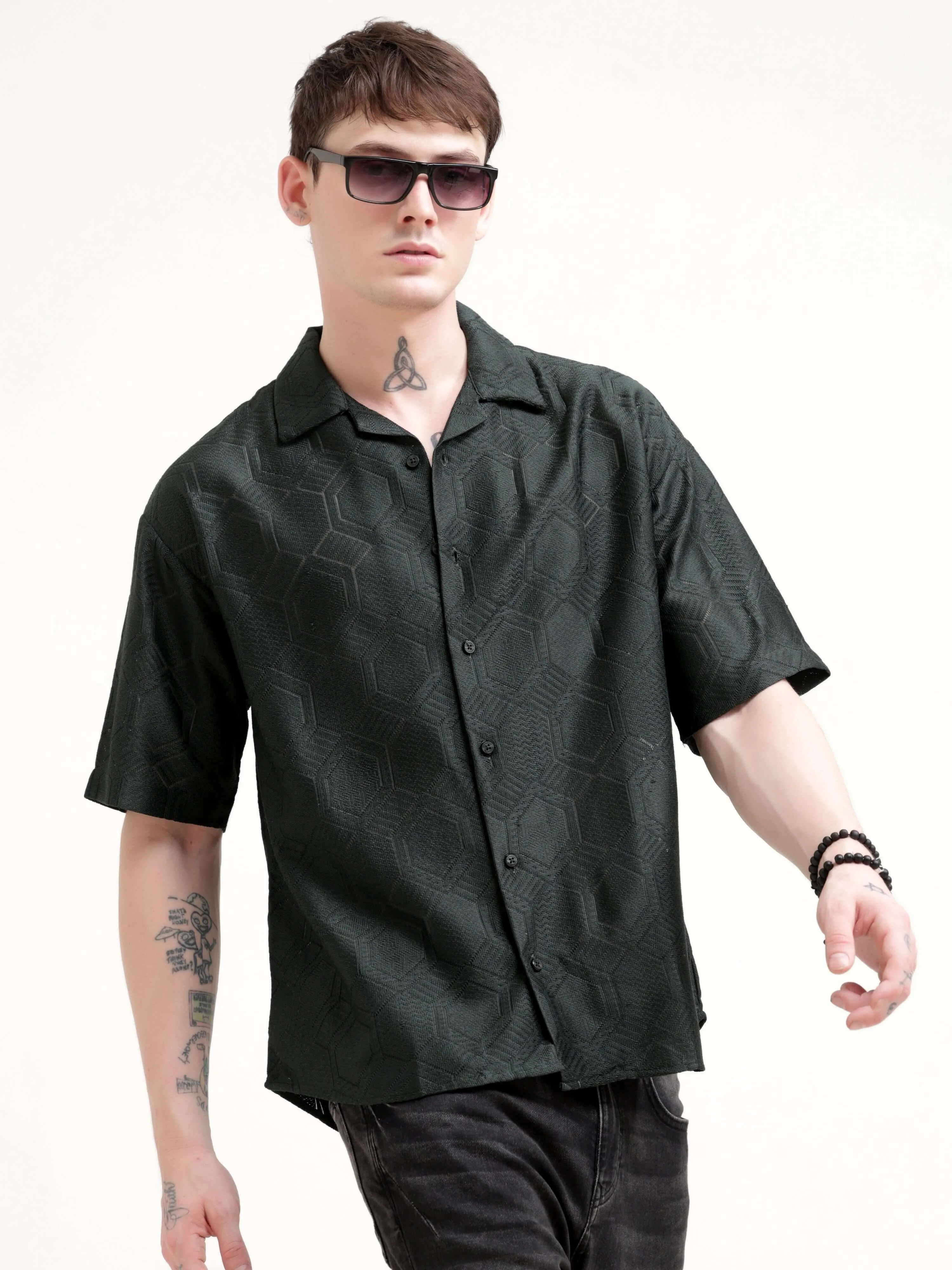 Texturiche quad green crochet oversized shirt