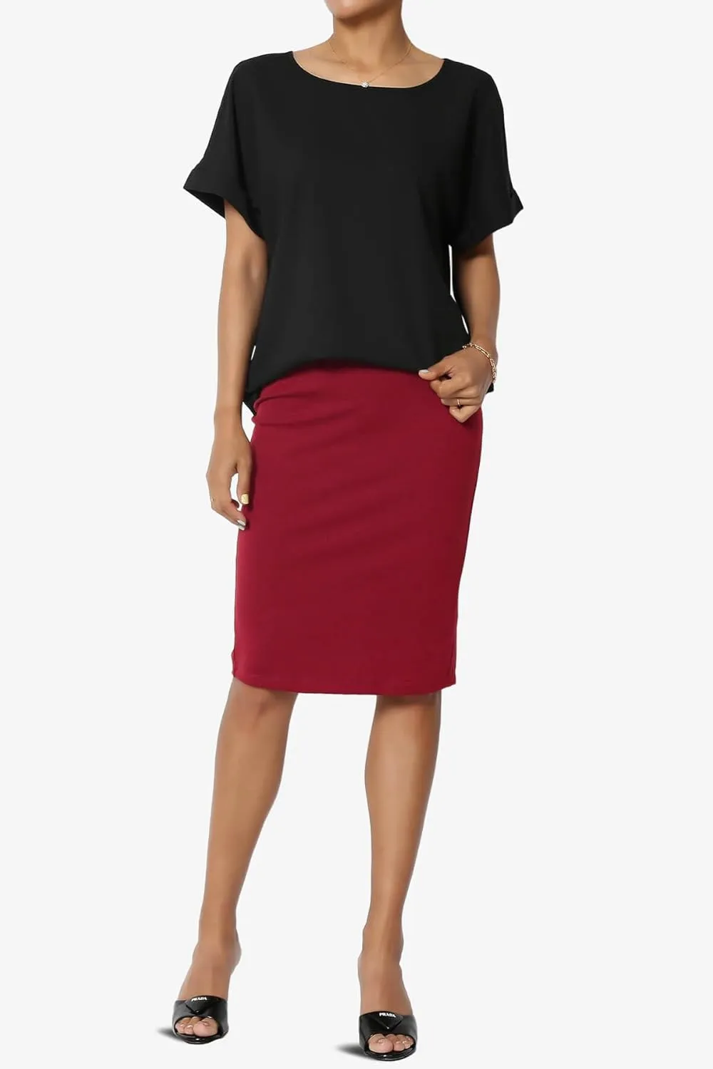 TheMogan Women's Versatile Elastic High Waist Soft Knit Bodycon Pencil Knee Midi Skirt