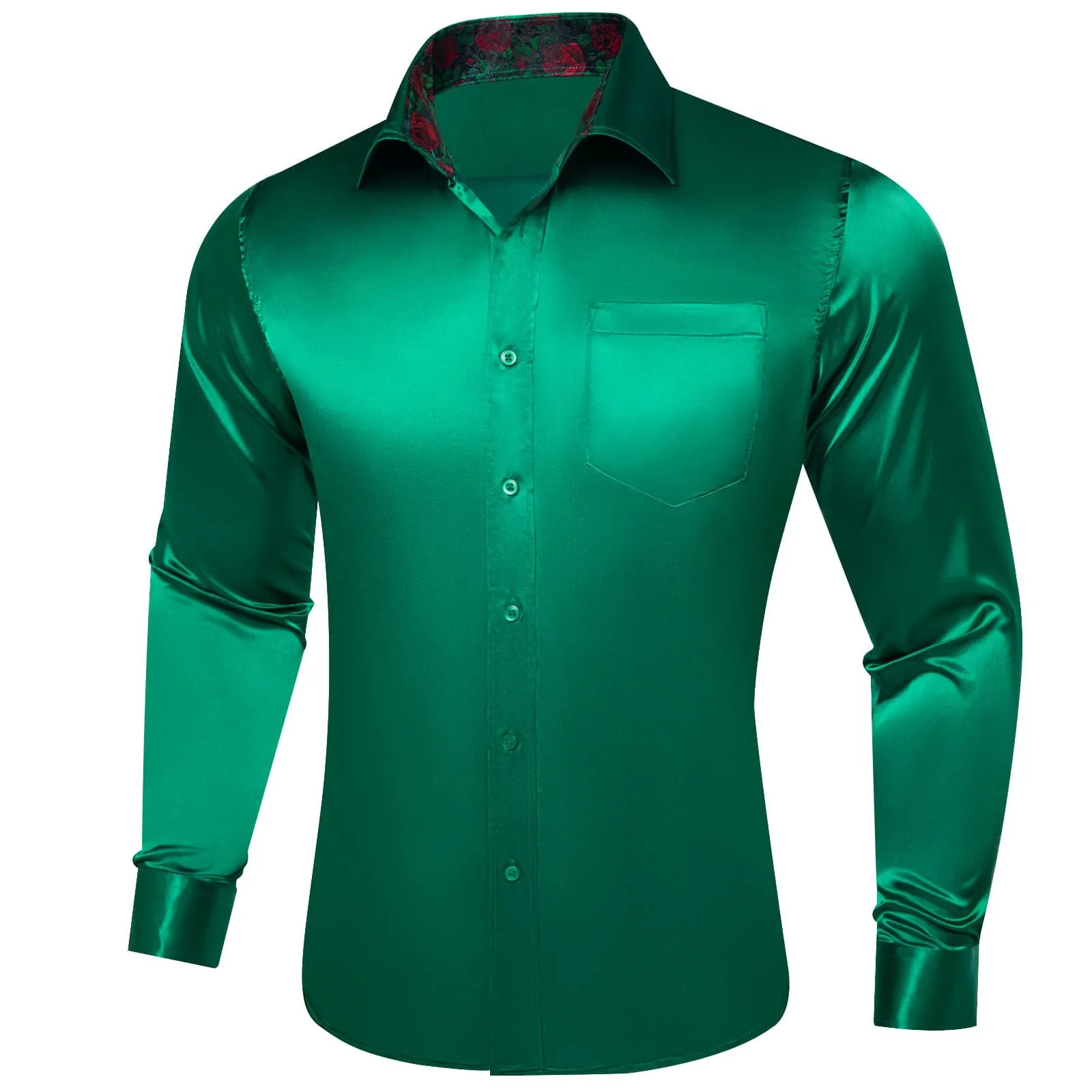Ties2you Collared Shirt Emerald Green Satin Solid Long Sleeve Button Up Mens Shirt Top