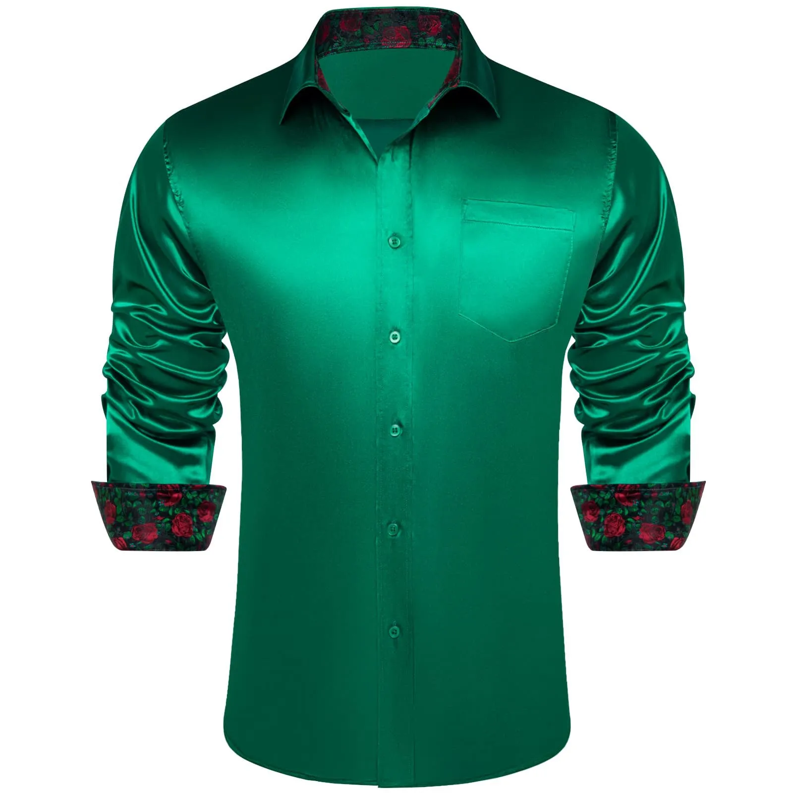 Ties2you Collared Shirt Emerald Green Satin Solid Long Sleeve Button Up Mens Shirt Top
