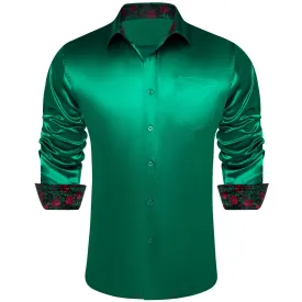 Ties2you Collared Shirt Emerald Green Satin Solid Long Sleeve Button Up Mens Shirt Top