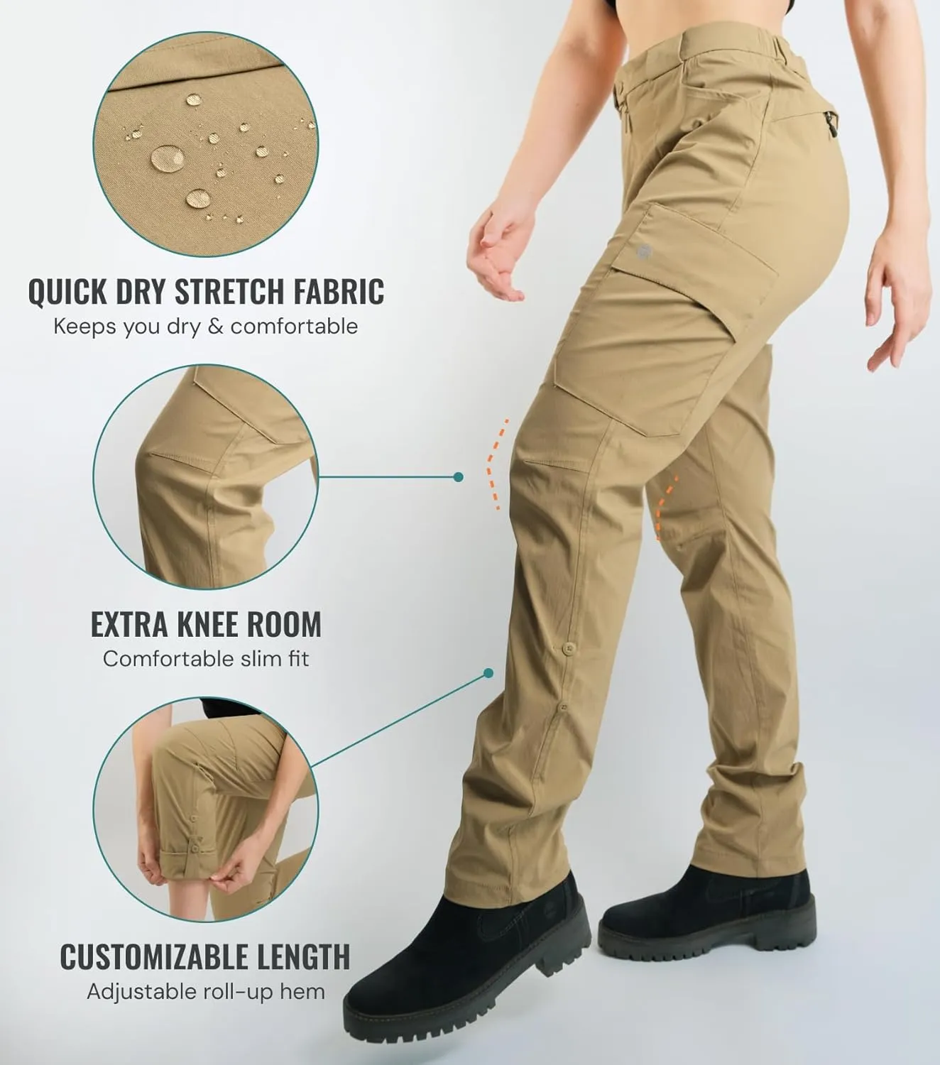 Trailblazer Hiking Pro Pants, Womens Hiking Pants Front to Back Zipper Design, Khaki