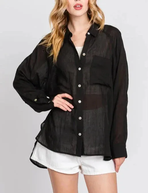 Valencia Plain and Sheer Button Up Long Sleeve
