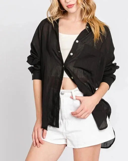 Valencia Plain and Sheer Button Up Long Sleeve