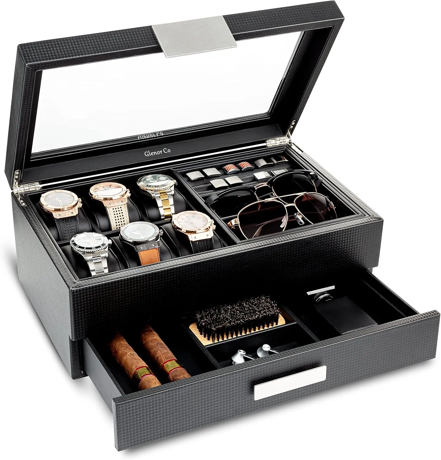 Valet Jewelry Box for Men - Holds 6 Watches, 12 cufflinks, 2 Sunglasses, Drawer & Tray Storage - Watch Case - Carbon Fiber design Organizer w Metal Accents & Large Glass Lid - Black
