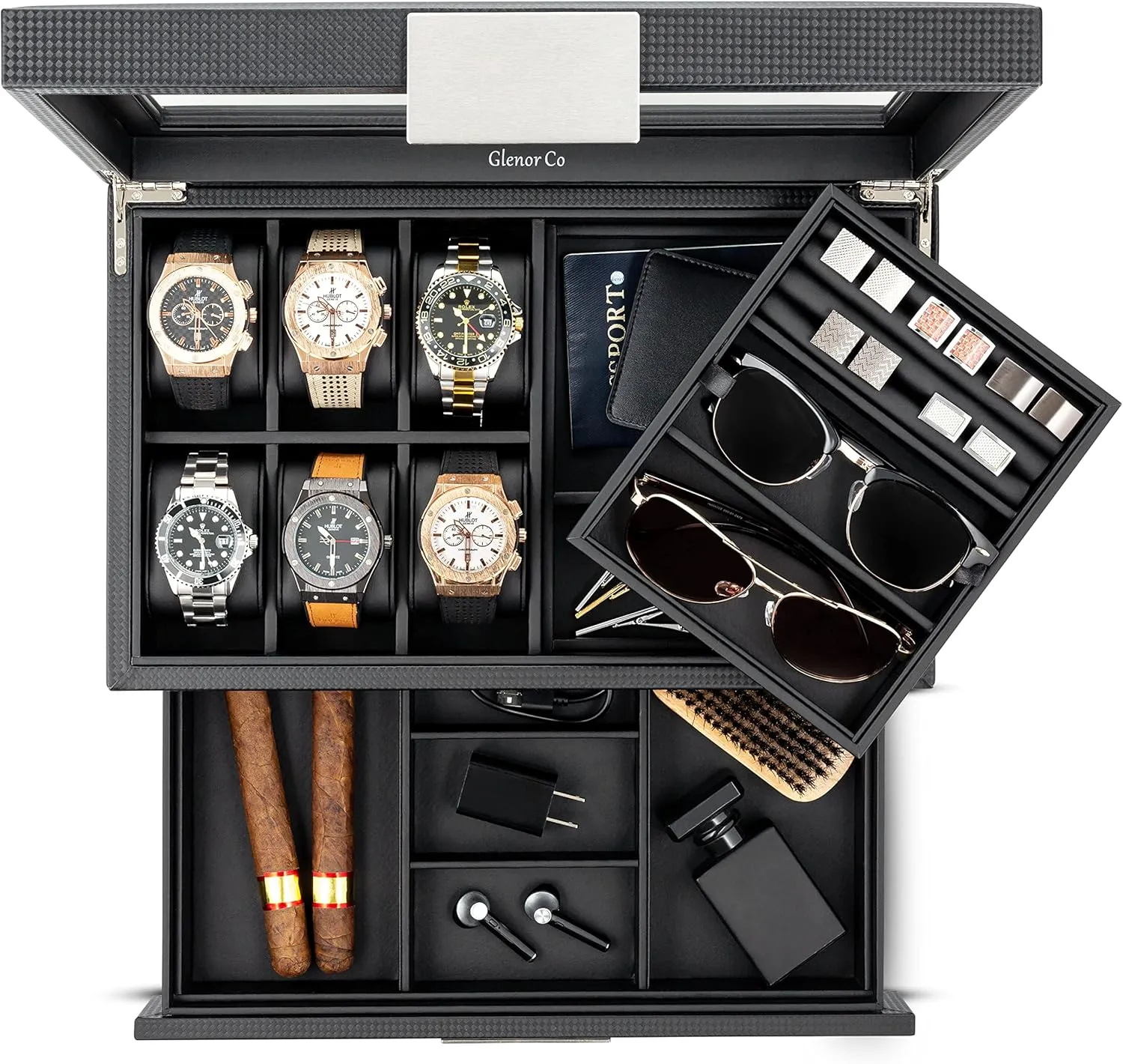 Valet Jewelry Box for Men - Holds 6 Watches, 12 cufflinks, 2 Sunglasses, Drawer & Tray Storage - Watch Case - Carbon Fiber design Organizer w Metal Accents & Large Glass Lid - Black