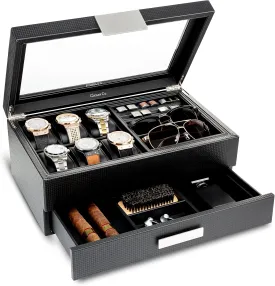 Valet Jewelry Box for Men - Holds 6 Watches, 12 cufflinks, 2 Sunglasses, Drawer & Tray Storage - Watch Case - Carbon Fiber design Organizer w Metal Accents & Large Glass Lid - Black